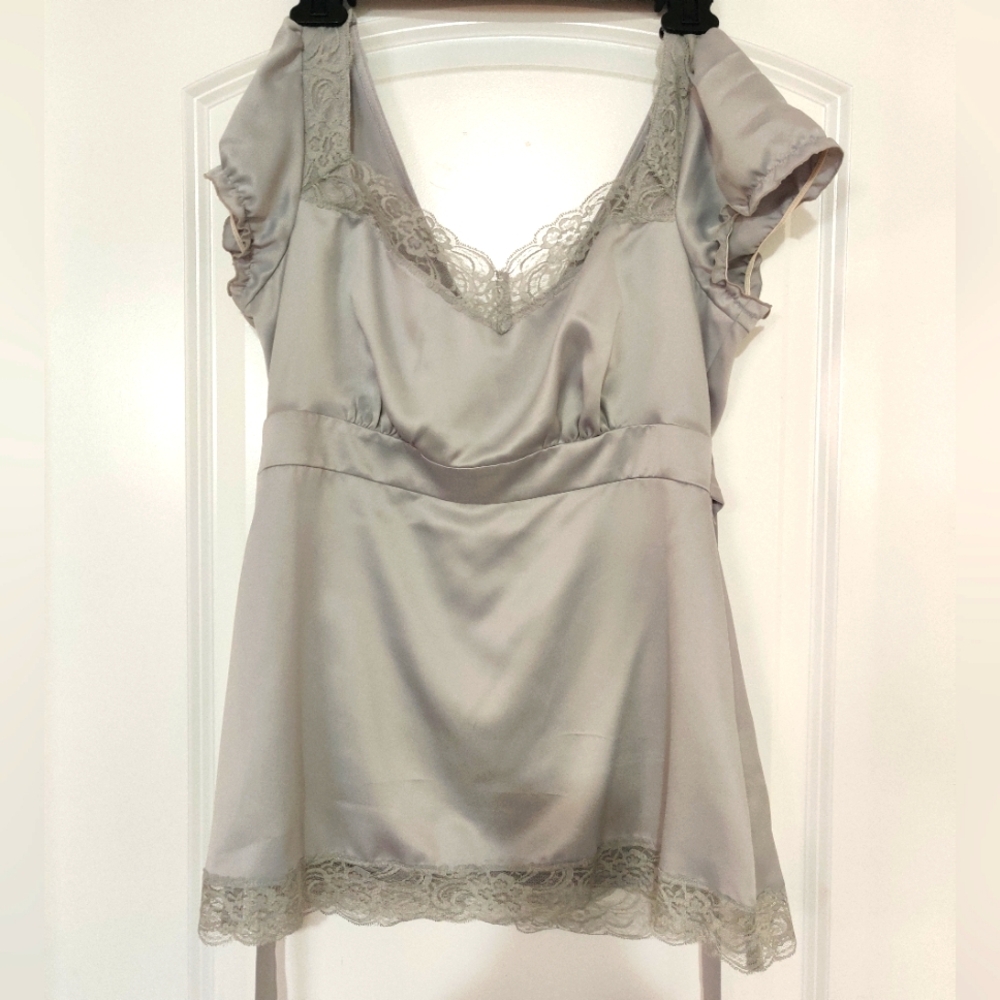 Women's Grey Silky V-neck Blouse with Lace Trim Size M